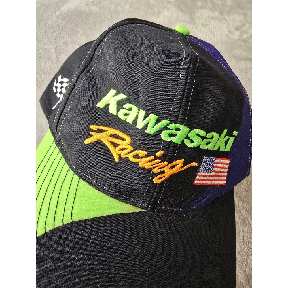 Vintage Kawasaki Racing Snapback Hat Cap Black Purple Neon Green USA Flag